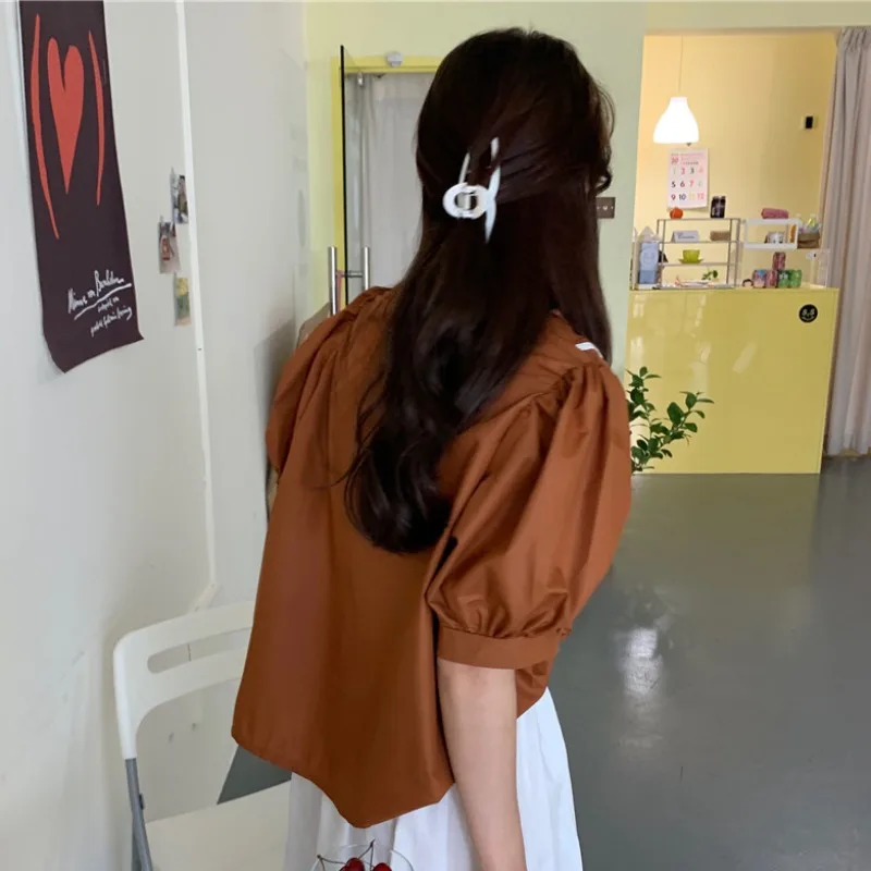 

KUSAHIKI V-neck Stripe Hit Color Womens Tops Korean Puff Short Sleeve Blouse Shirt 2021 New Causal Blusas De Mujer 6G169