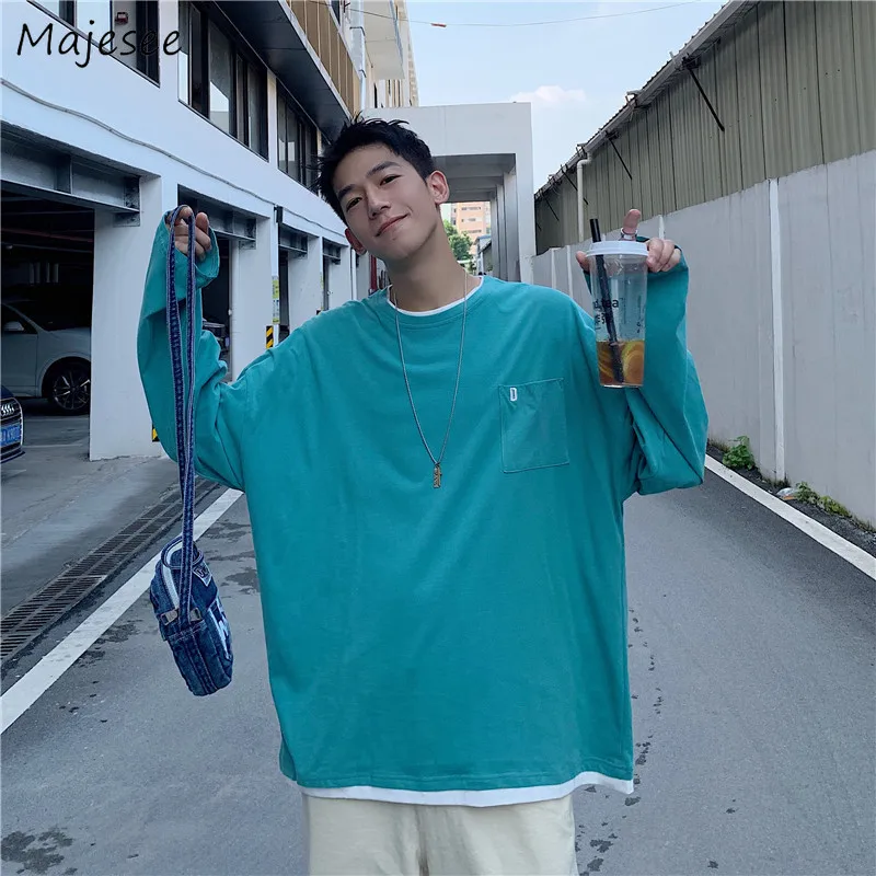 Для мужчин футболки с длинным рукавом поддельные Двойка простой карман s грех шик