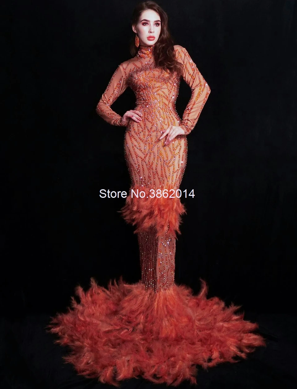 High Fashion Sparkly Rhinestones Feather Dress Full Stones Long Tail Women Evening Prom Birthday Celebrate Party Dresses | Женская