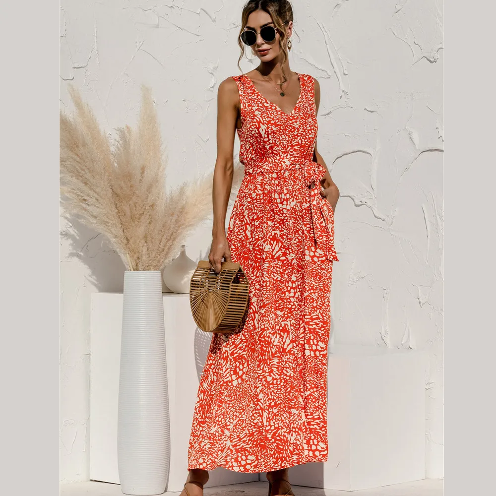 

2021 Summer Leopard Print V-Neck High Waist With Belt Dress Ladies Fashion Loose Pullover Big Swing Maxi Dress Women Robes Femme