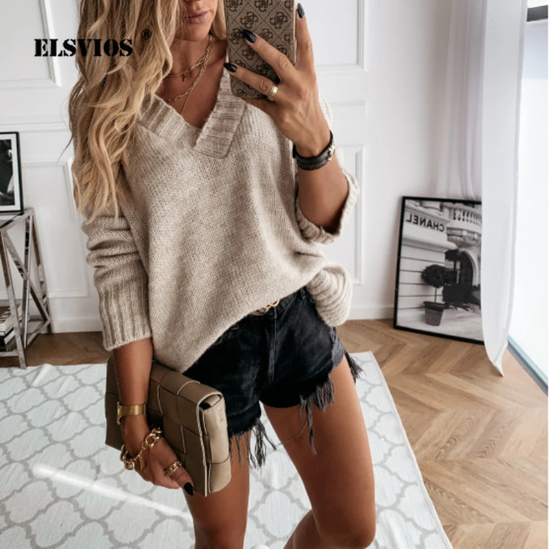 

Autumn Winter New Casual Sweaters Fashion V Neck Long Sleeve Loose Pullover Tops Women Elegant Solid Color Office knit Sweaters