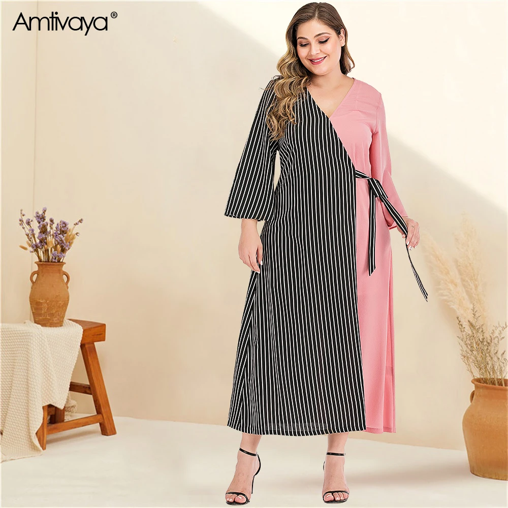 Amtivaya столкновение с соединением внакрой Платье с поясом 2020 летняя рубашка с длинными рукавами элегантное платье для женщин с v-образным выр... от AliExpress RU&CIS NEW