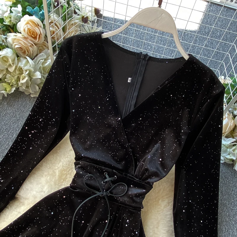 

Women's Black Dress Autumn Winter New Fairy Retro Velvet Bright Silk Dress Office Lady V-neck Full A-line Mini Dress Ml581