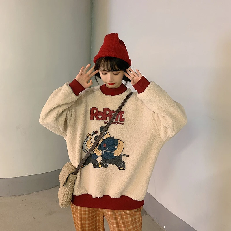

Kpop Harajuku Women Pullover Sweatshirt Fashion Tide Cute Cartoon Print Autumn Fleece Warm Female Fuax Lamb Wool Hoody Ins