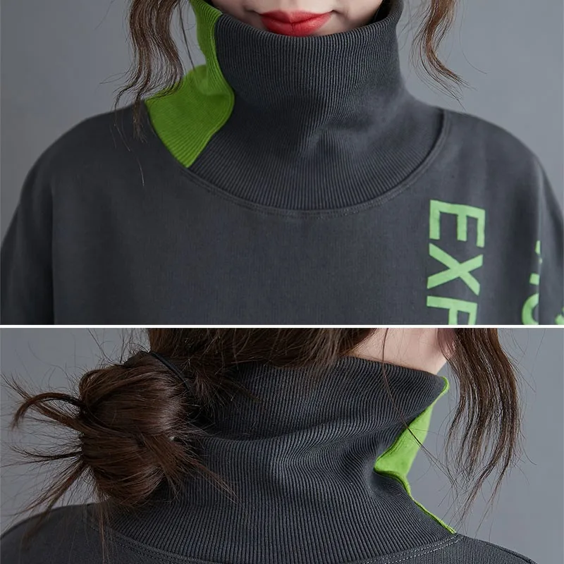 

Women Casual Sweatshirt New 2020 Autumn Winter Simple Style Turtleneck Letter Print Thick Warm Loose Female Cotton Hoodies S2691