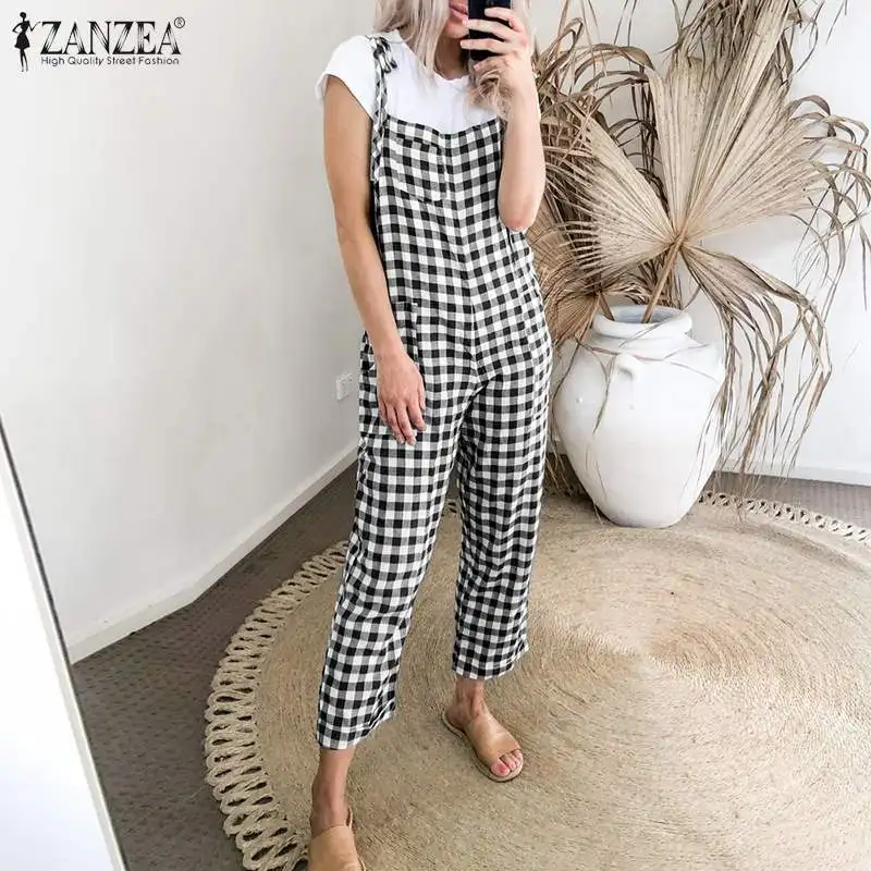 

Женский винтажный комбинезон ZANZEA, лето 2021, клетчатый комбинезон, повседневный бандажный длинный комбинезон, Женский Облегающий комбинезон ...