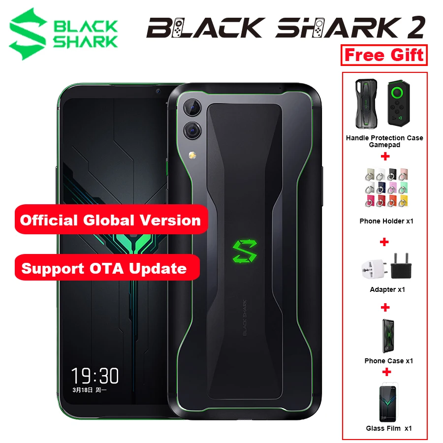 Мобильный телефон Xiaomi Black Shark 2 с 6.39" экраном, 6/8 ГБ оперативной памяти, 128 ГБ встроенной памяти, процессором Snapdragon 855 OctaCore на Android 9.0, поддержкой двух SIM-карт и поддержкой игр.