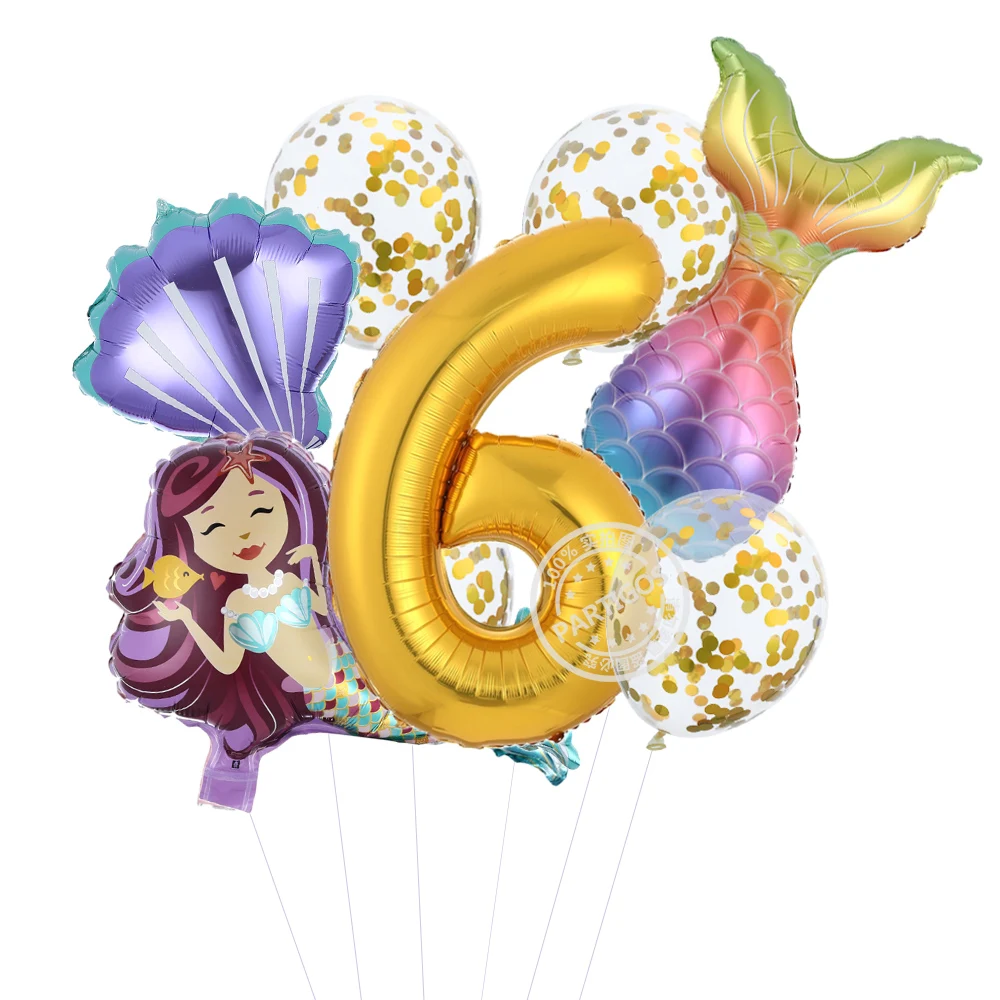9pcs/lot Mermaid theme Birthday Party Decoration kids pink purple confetti Balloons 40inch Number Balloon For girl mermaid tail | Дом и сад
