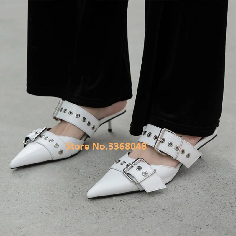 

Sexy Pointed Toe Slip On Slides OutDoor Buckle Decor Genuine Leather Medium Heel Slipper Shoes Hole Decor Slip On Shoes