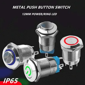 12mm Waterproof IP65 Metal Push Button Switch Flat high head Momentary Latching Electric On Off LED Light 3V 6V 12V 24V 220V