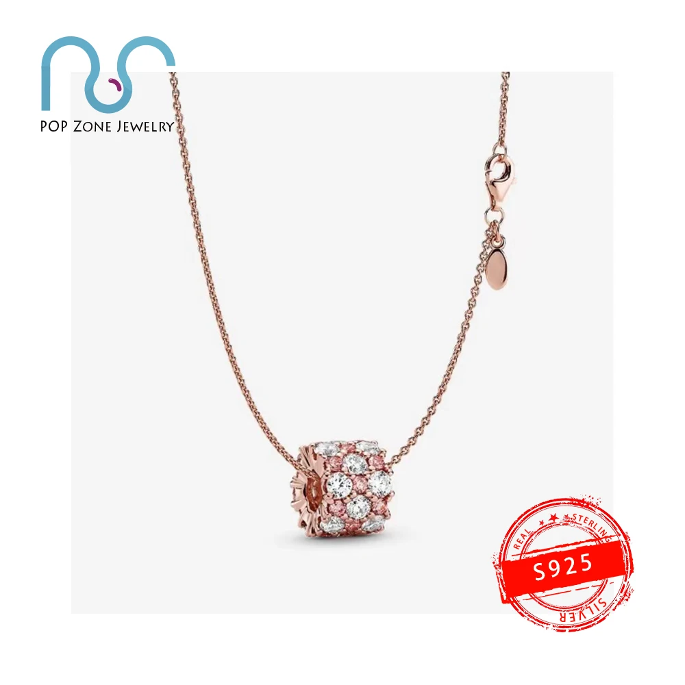 

Fit Original Pan Charm Pendant Necklace S925 Sterling Silver Colorful Heart Rose Gold Gem Pendant Necklace Female Limit Gift