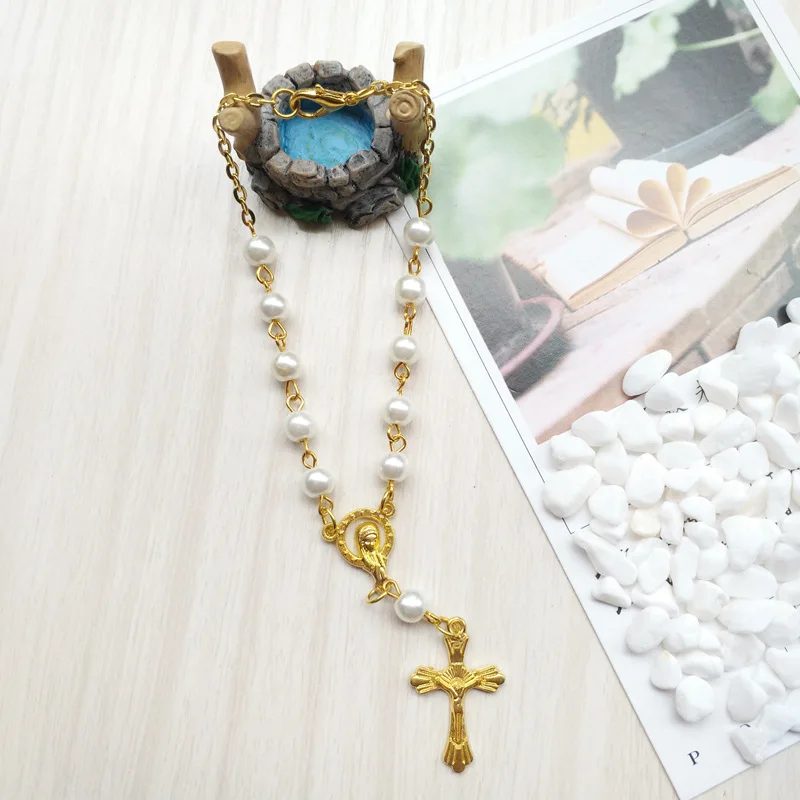 QIGO золотой крест кулон стеклянный жемчуг четки браслет для мужчин женщин