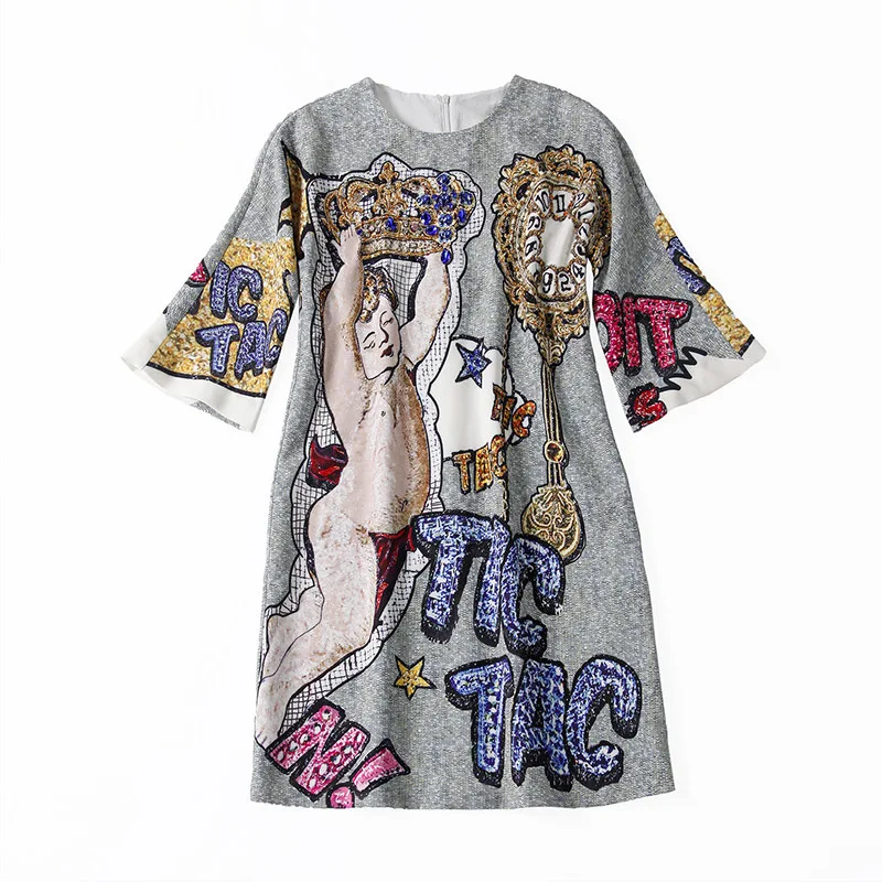

Angel Print Rhinestone Elegant Dress Summer New Women's Loose Half Sleeve round Neck Fashion Skirt Fashion