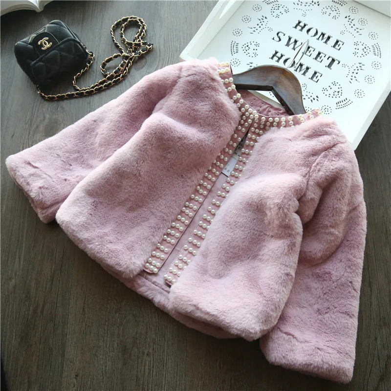 

Baby Girl Coat faux fur Pearl Long Sleeve Princess Kids Outerwear Baby Clothes 2-6Y Y0067