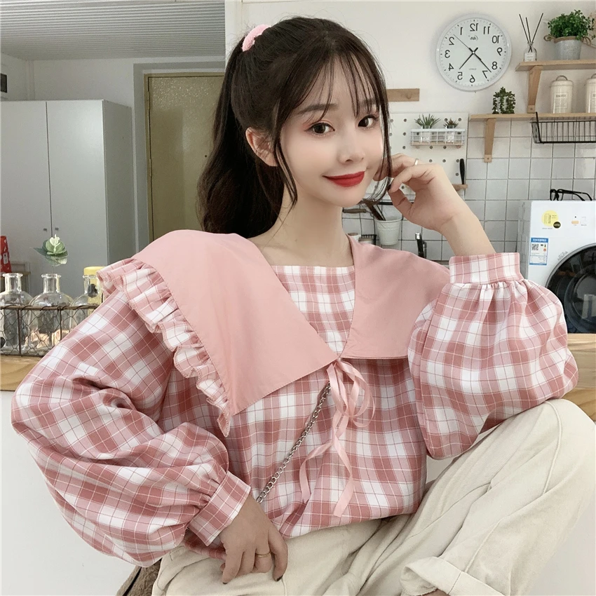 

Sweet lolita top Fresh kawaii girl peter pan collar pink grid victorian shirt loose gothic lolita shirt loli cos lolita top