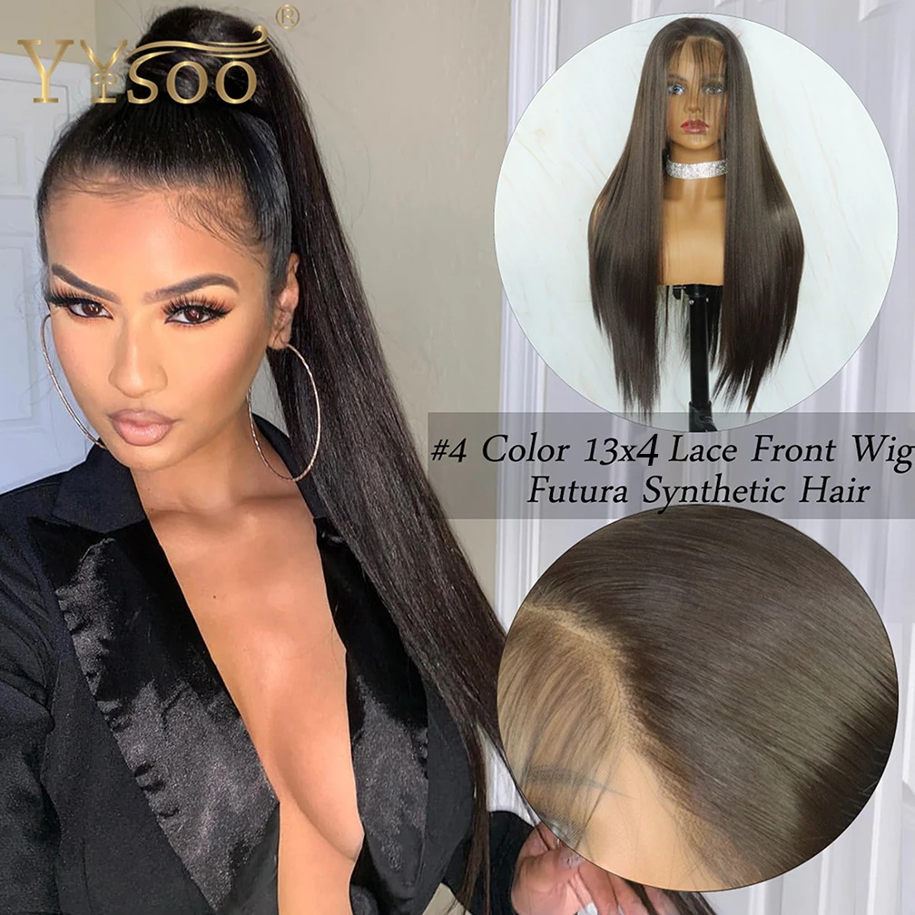 YYsoo #4 Color Futura Hair 13x4 Glueless Lace Front Wigs 4inch Deep Part Long Silky Straight Synthetic Hair Wig With Baby Hair