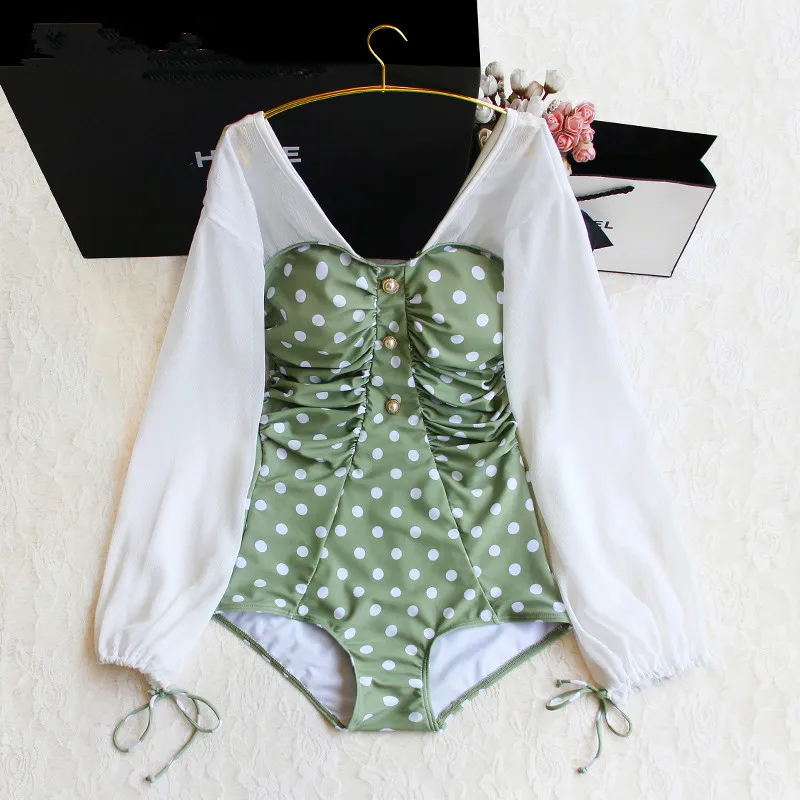 

New 2020 Sexy V-Neck One Piece Swimsuit green Dot Bodysuit Women Lace Long Sleeved Bathing Suit Summer Swimming Beach Wear