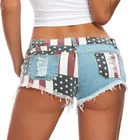 Шорты женские джинсовые с низкой посадкой, пикантные пляжные мини-штаны с бахромой, с принтом в виде флага США, для вечерние и ночного клуба