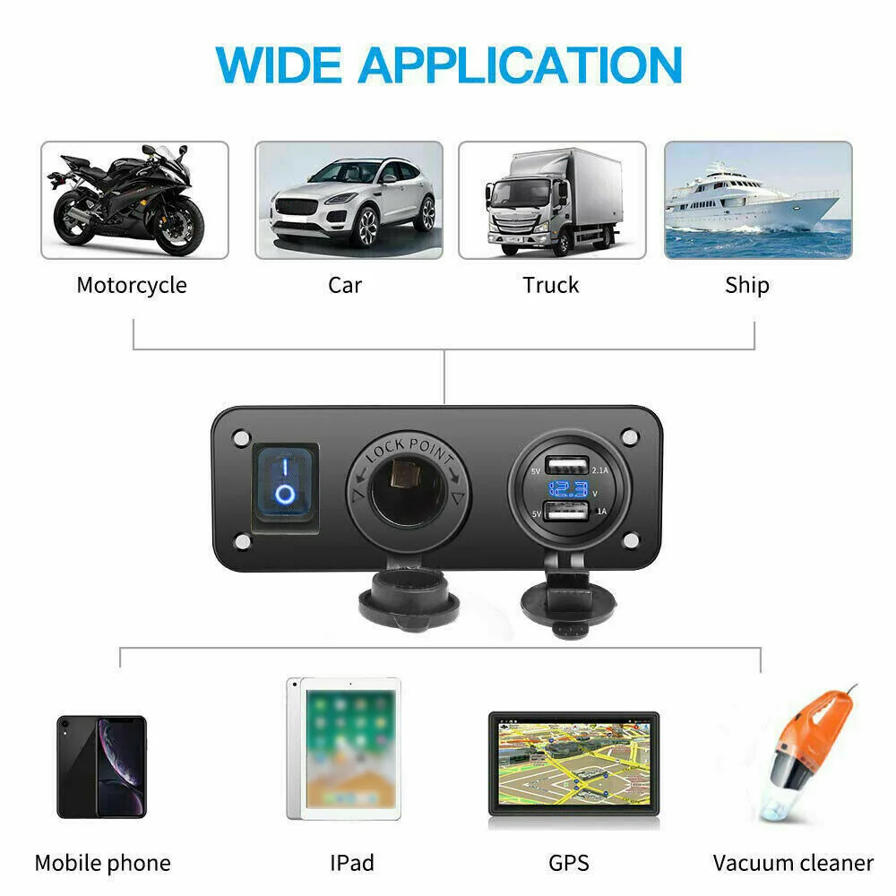 

Waterproof Marine charger Black Boat Set Socket Switch Panel DC 12-24V