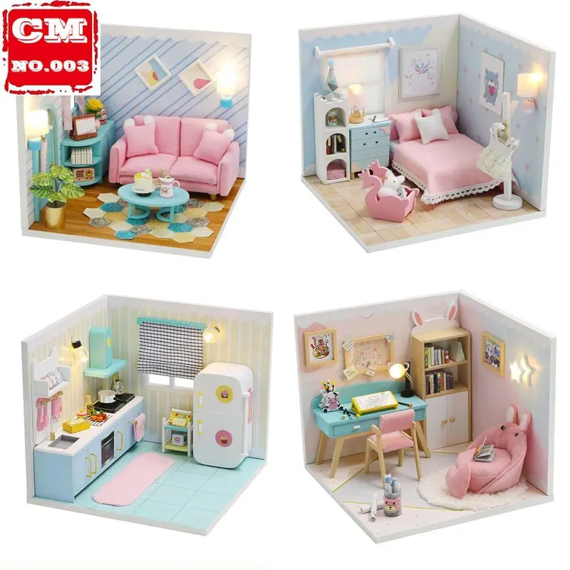 

Can be Combined Freely Cute Doll House Furniture Free Dust Cover Nine Designs Diy Miniature Wooden Dollhouse Toys For Children