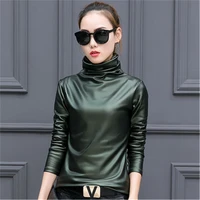 new spring autumn womens clothing long sleeve turtleneck pu leather pullover fleece warm 2022 lady trendy tops female 281