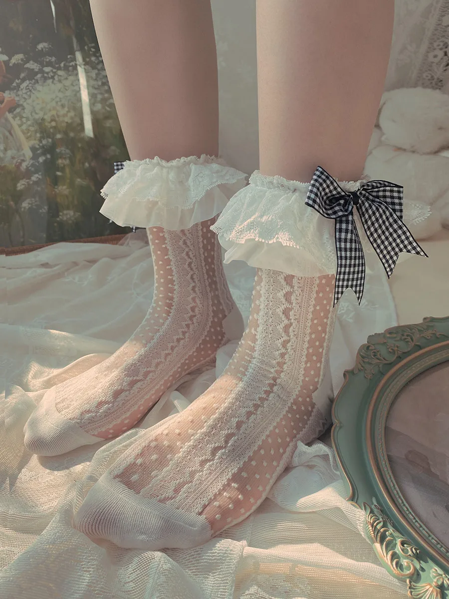 

Alice, двойные кружевные клетчатые носки с бантом и кристаллами, милые носки для девочек