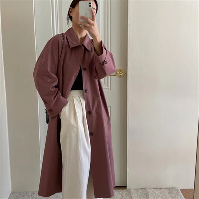 

2021 Autumn Loose Solid Women Windbreaker Wide-Waisted Long Sleeves Turn-Down Collar Single-Breasted Hot Female Coat