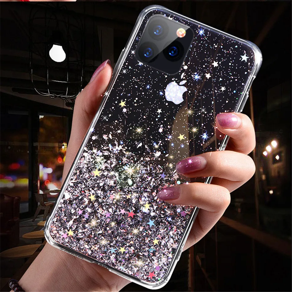 glitter foil powder case for iphone 11 pro xs max xr x bling phone case for iphone 11 8 7 6 6s plus soft tpu clear cover free global shipping