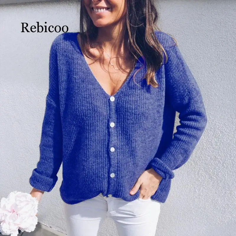 

Women Knitted Cardigan Coat V Neck Button Long Sleeve Solid Sweater Loose Jacket Jumpers Autumn Winter 2019 Female Overcoat