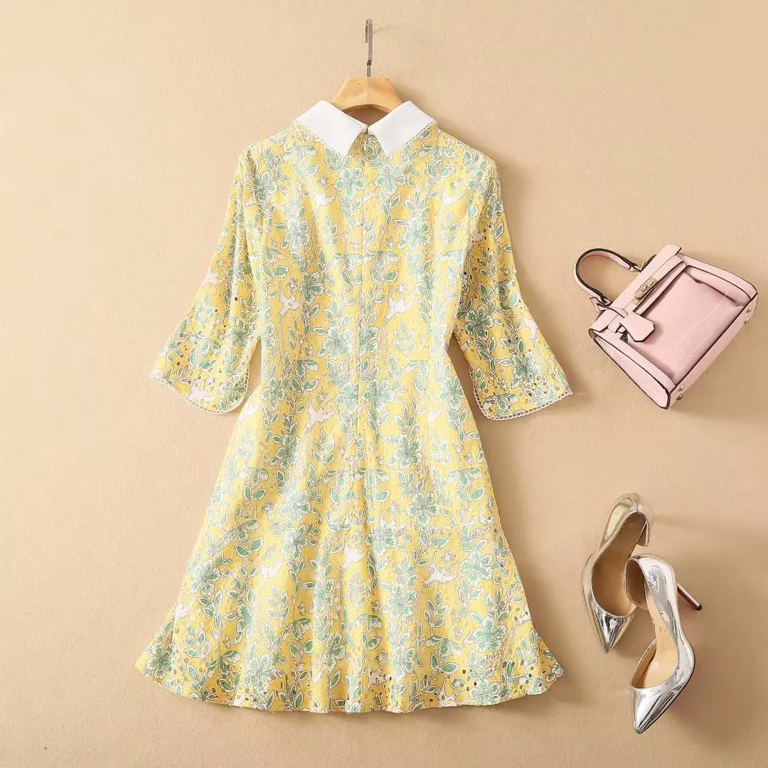 

Runway High End Summer Dress Lady Peter Pan Collar Print Embroidery Cutout Mejur Vestido