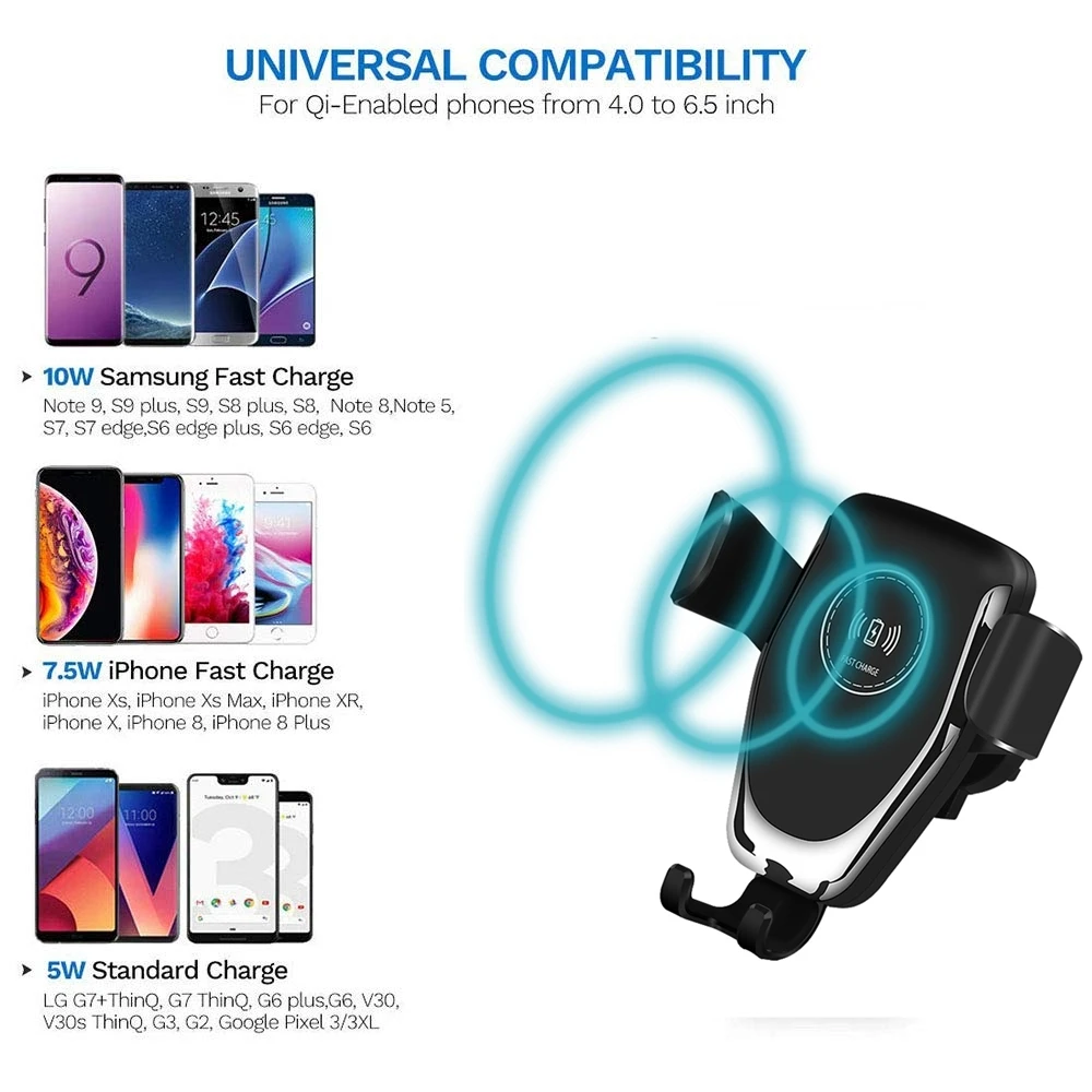 10 Вт автоматический гравитационный Qi беспроводной автомобильное зарядное