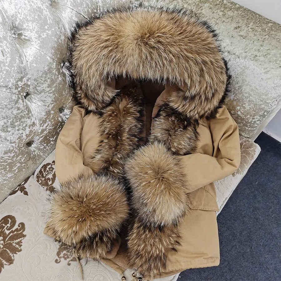 MAOMAOKONG Winter Clothes Women Natural fur coat Real Raccoon Fur Collar Parkas Faux Fur Lining Short Jacket add Placket cuf fur