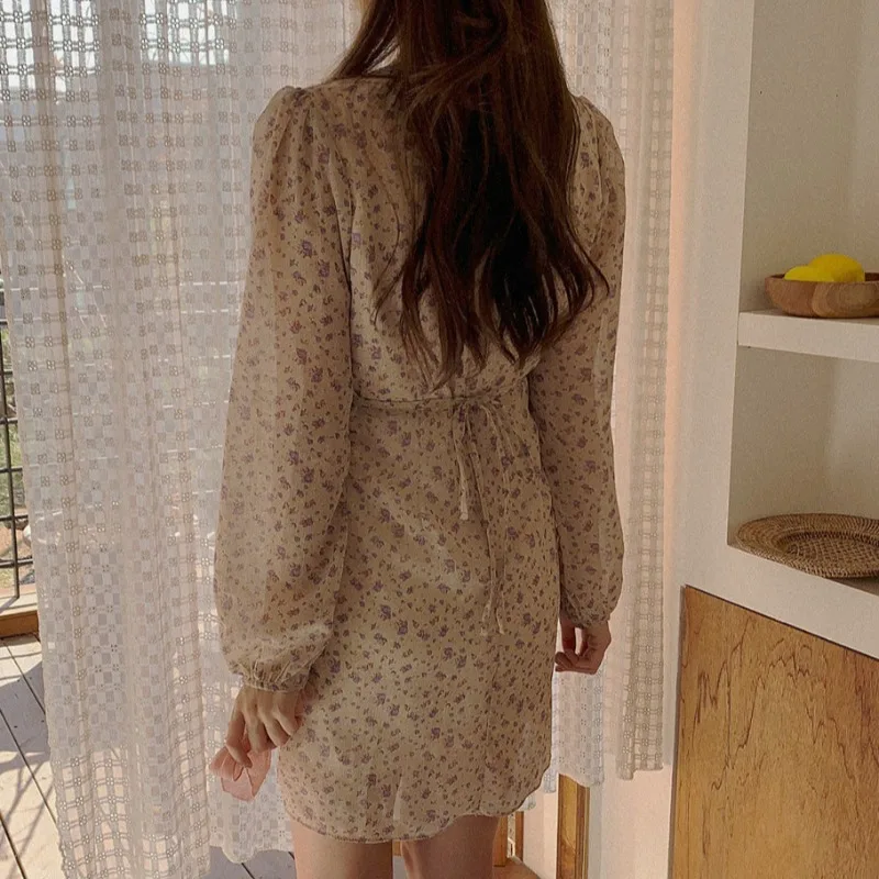 

2021 Spring New Style Korean Style Sweet Design V-neck Waist-Controlled Slimming Chiffon Floral Dress Little Girl