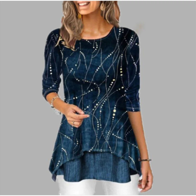 

Женская рубашка с принтом, Повседневная Блузка с асимметричным принтом и рукавом 2021, большие размеры, весна-лето 3/4