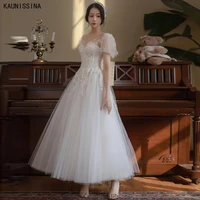 kaunissina new wedding gown puff sleeves wedding dress customized a line sweetheart appliques tulle bridal gown vestido de novia