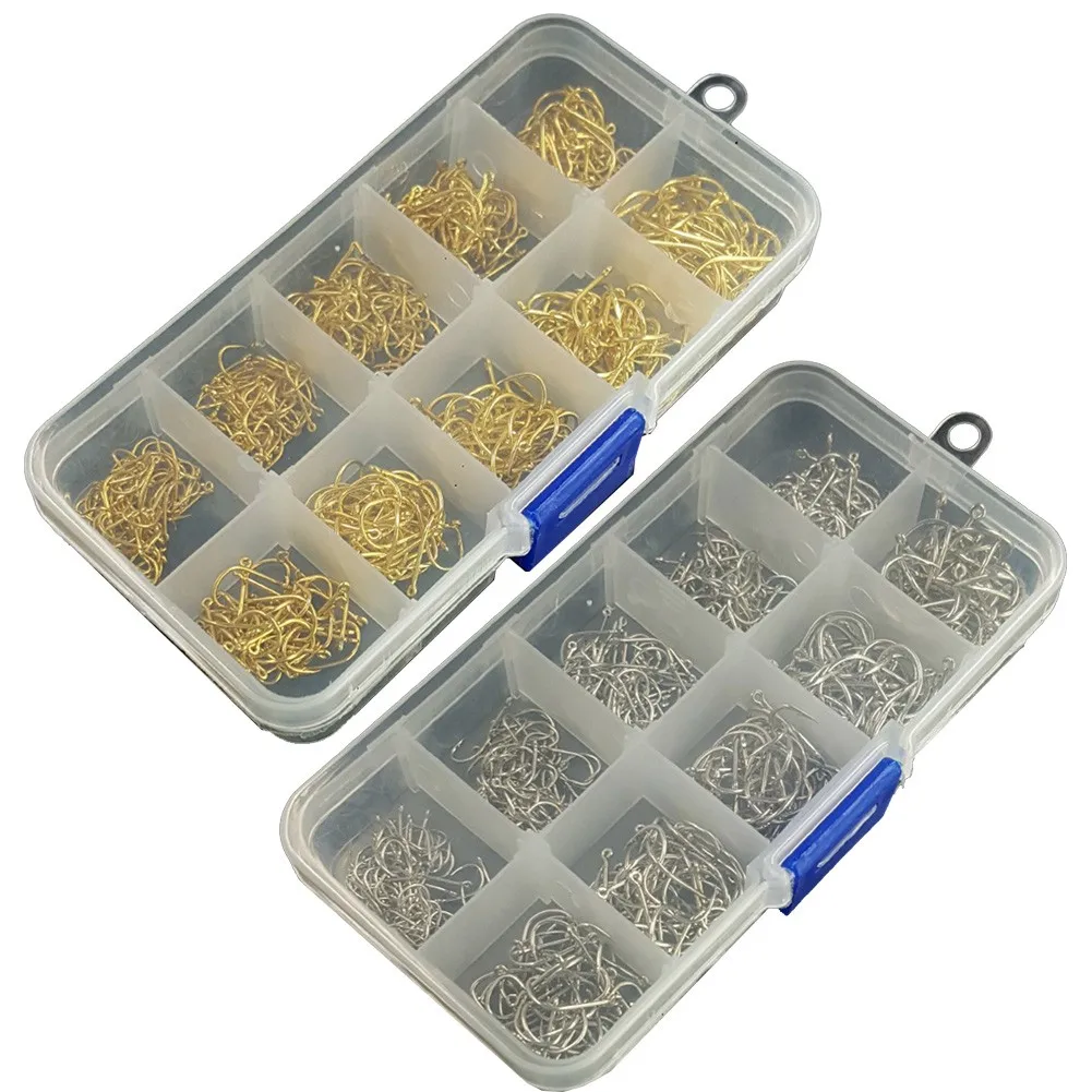 

500pcs Fish Hooks 10 Sizes Fishing Black Silver Sharpened With Box Quality Kit Carbon Steel Fishing Accessories