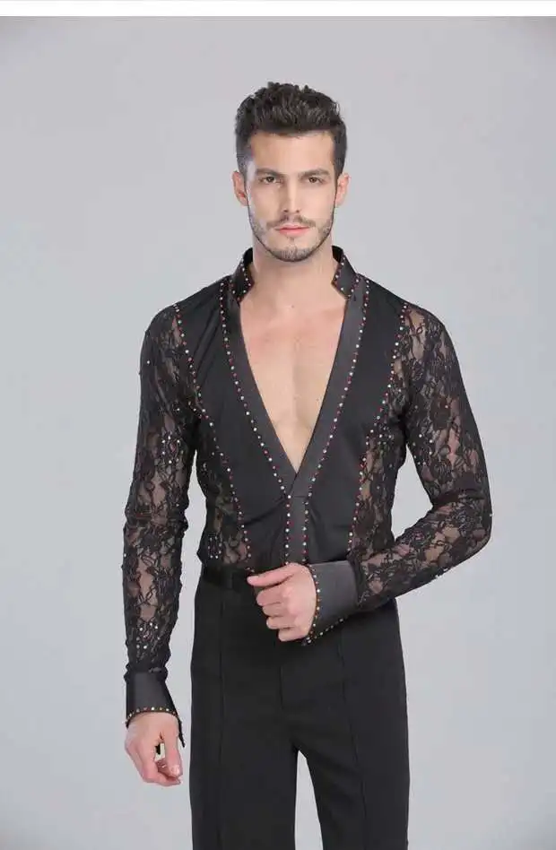 Фото black white lace Men boy ballroom Latin body shirt V neck long sleeve rhinestone Тематическая одежда и униформа black white lace Men boy ballroom Latin body shirt V neck long sleeve rhinestone Тематическая одежда и униформа
