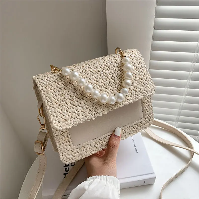 

Crossbody Bag Women Designer Shoulder Bag Female Handbag Purse Straw Beaded Fashion 2021 New PU Leather Simple Contrast Color