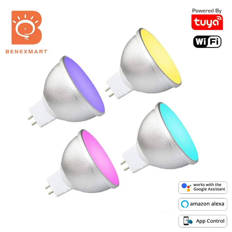 Benexmart-bombilla con WiFi para el hogar, lámpara con atenuador de luz RGB, resistente al agua, 12V, compatible con aplicación Smart Life, Alexa, asistente de Google Home, Gu5.3, MR16