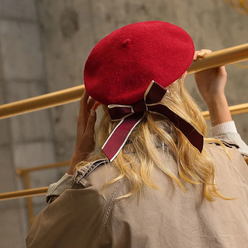 

Autumn and winter new bow berets Korea Japanese sweet wool vintage letters embroidered painter hat berets caps for women
