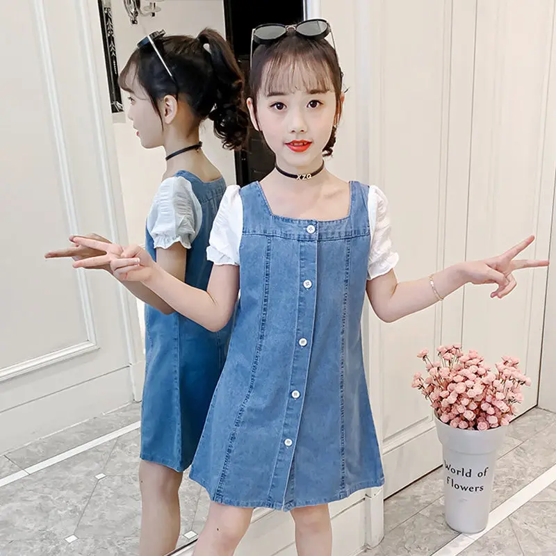 

2021 Summer Children Dress Girl Casual Denim Patchwork Puff Sleeve Button Dresses Girls Teenage Fashion Lovely Clothes For 2-12t