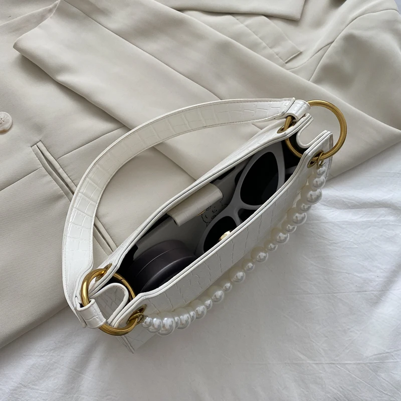 

Ladies Luxury Alligator PU Leather underarm Bag Elegant Pearl Decoration Designer Handbags Women Trendy Solid Color Shoulder Bag