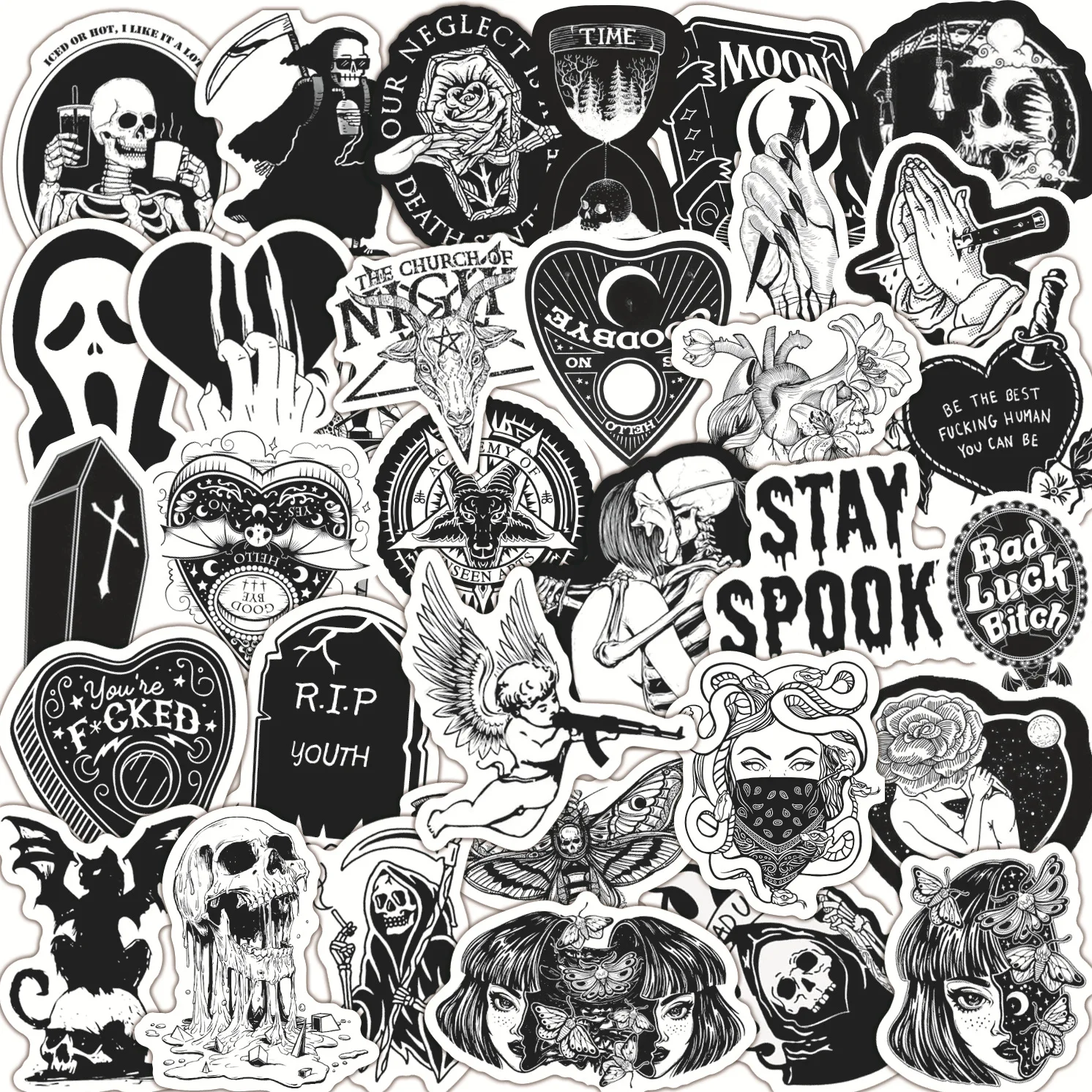

10/25/50Pcs Mix and Match Goth Punk Style Skull Black and White Collection Luggage Skateboard Laptop Waterproof Stickers