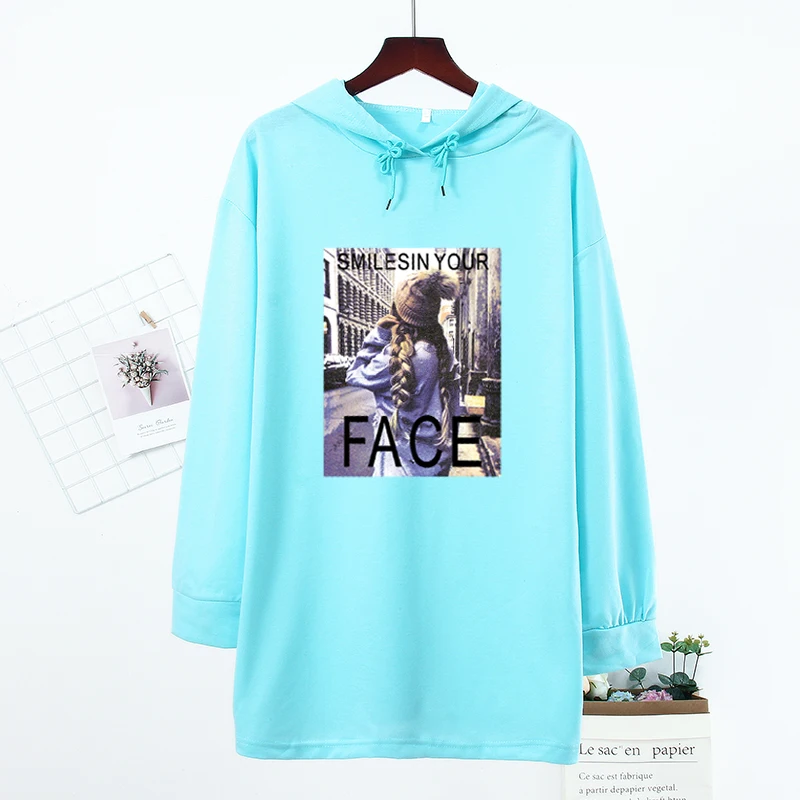 

Толстовка женская с капюшоном средней длины, Модный повседневный Свободный свитшот с длинным рукавом для студенток, с узором для девушек, б...