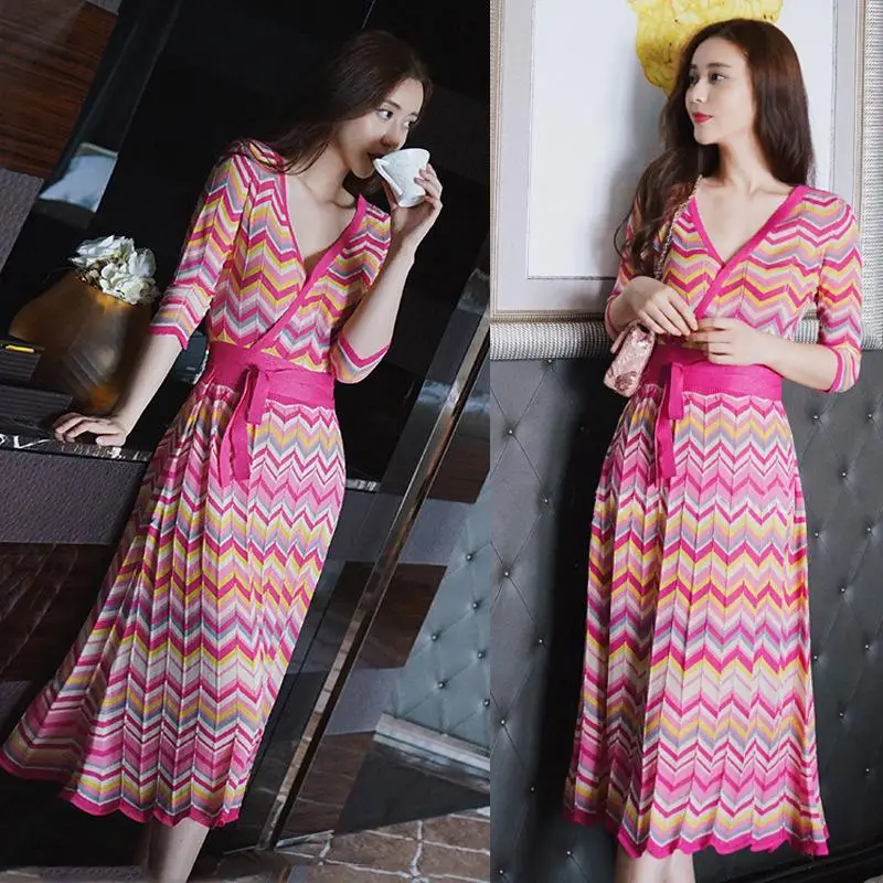 Осеннее платье Для женщин 2019 Новый v образный вырез пляжное с полосками плюс