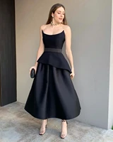 2020 black tea length cocktail dress a line satin tiered plus size sexy women prom dresses long boat neck formal party gowns