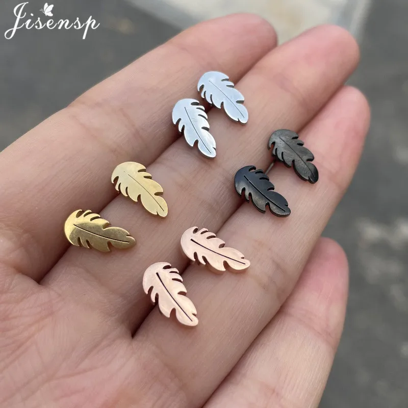 

Bohemian Stainless Steel Earrings Black Simple Plant Leaf Stud Earring for Women Kids Fashion Feather Piercing Ear Jewelry 2021