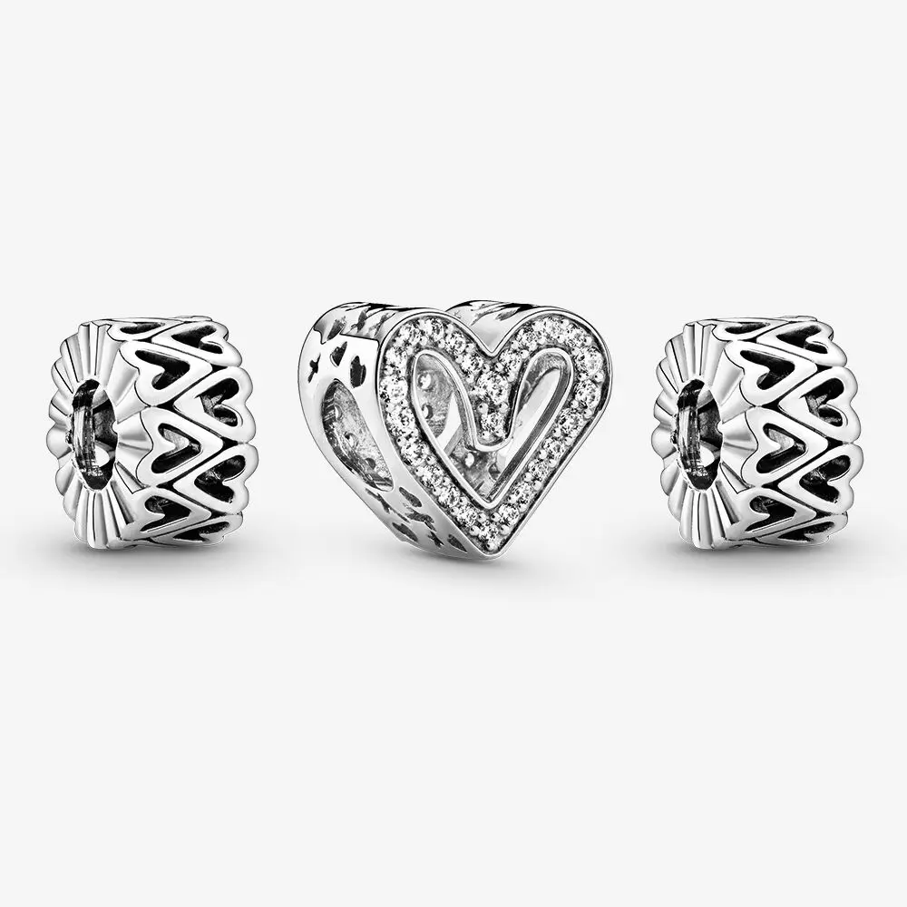 

2023 100% Real 925 Sterling Silver Freehand Hearts Bead Set Fit Pandora Charm Bracelet Fashion Cutout DIY Jewelry