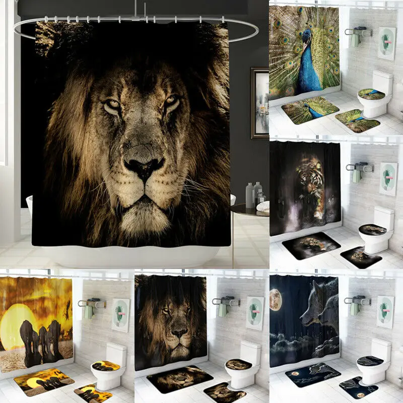 FAROOT 4Pcs/Set Print Bathroom Non-Slip Pedestal Rug+Lid Toilet Cover+Bath Mat+Shower Curtain | Дом и сад