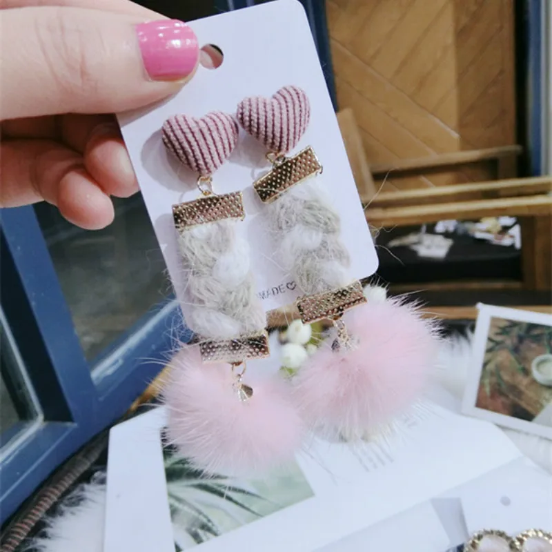 2019 New Korea Style Manual Weaving Wool Pink Mink Hair Student Drop Earrings for Girl Women Fashion Jewelry Accessories | Украшения и